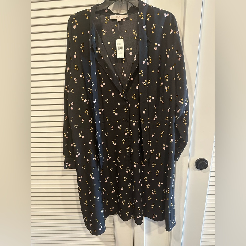 LOFT Floral Tie Neck Flare Dress